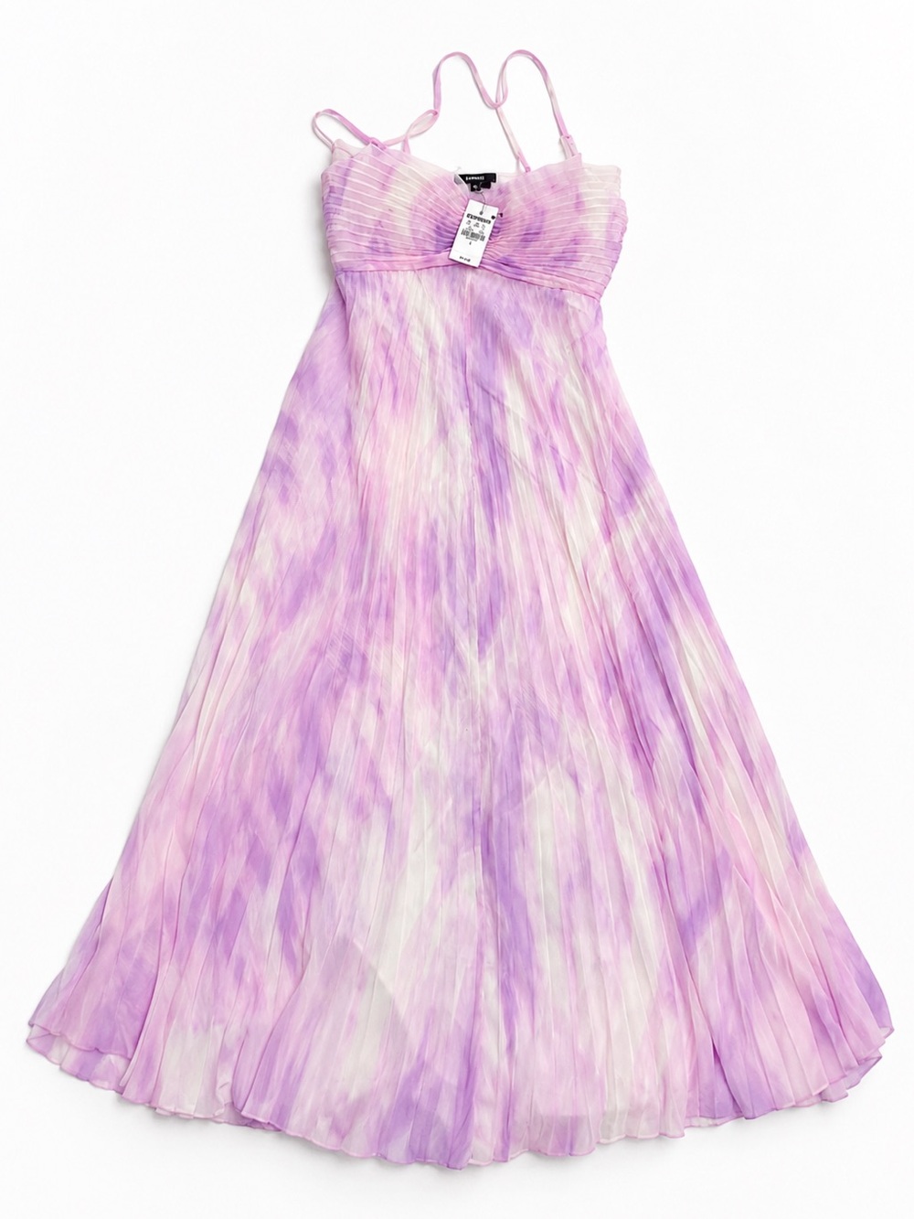 Express Pink Lavender Pleated Maxi Dress Tie Dye Watercolor NWT L
